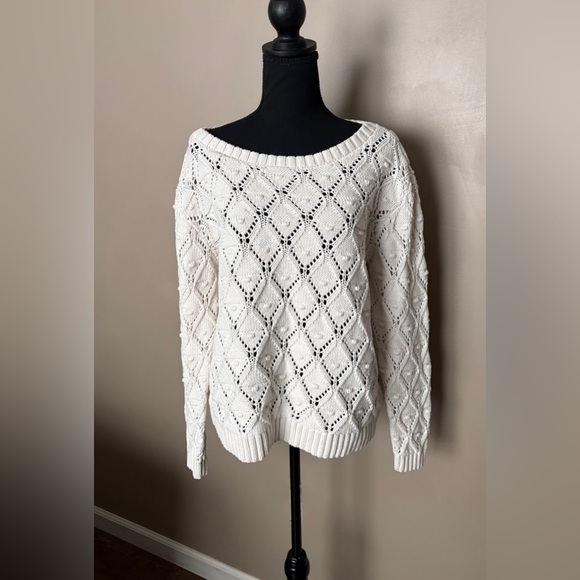 Tommy Hilfiger Sweaters - TOMMY HILFIGER ivory crochet open knit sweater sz XL cottagecore chunky Pom Pom